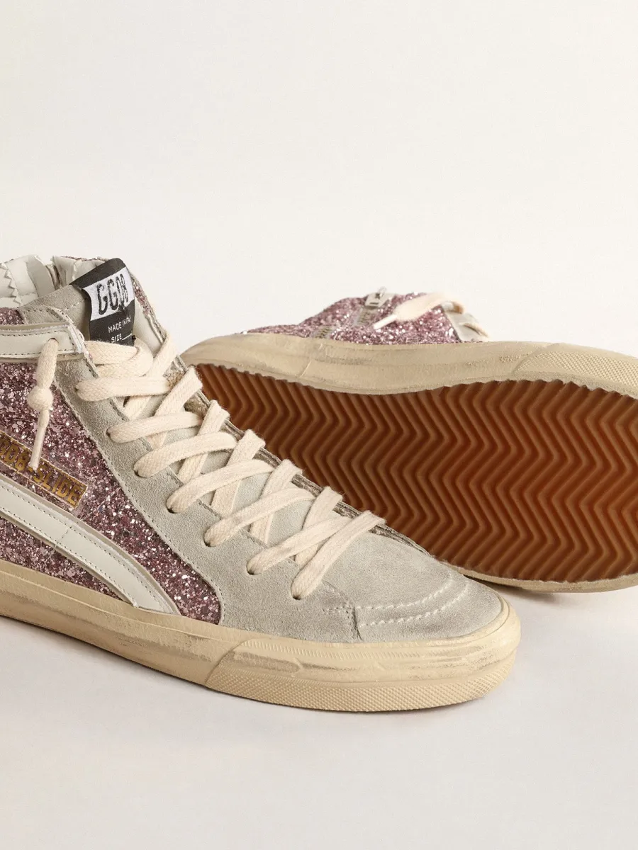 Slide in glitter lilla con stella e virgola in pelle bianca