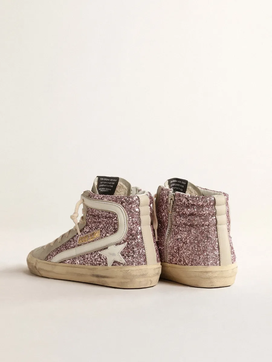 Slide in glitter lilla con stella e virgola in pelle bianca