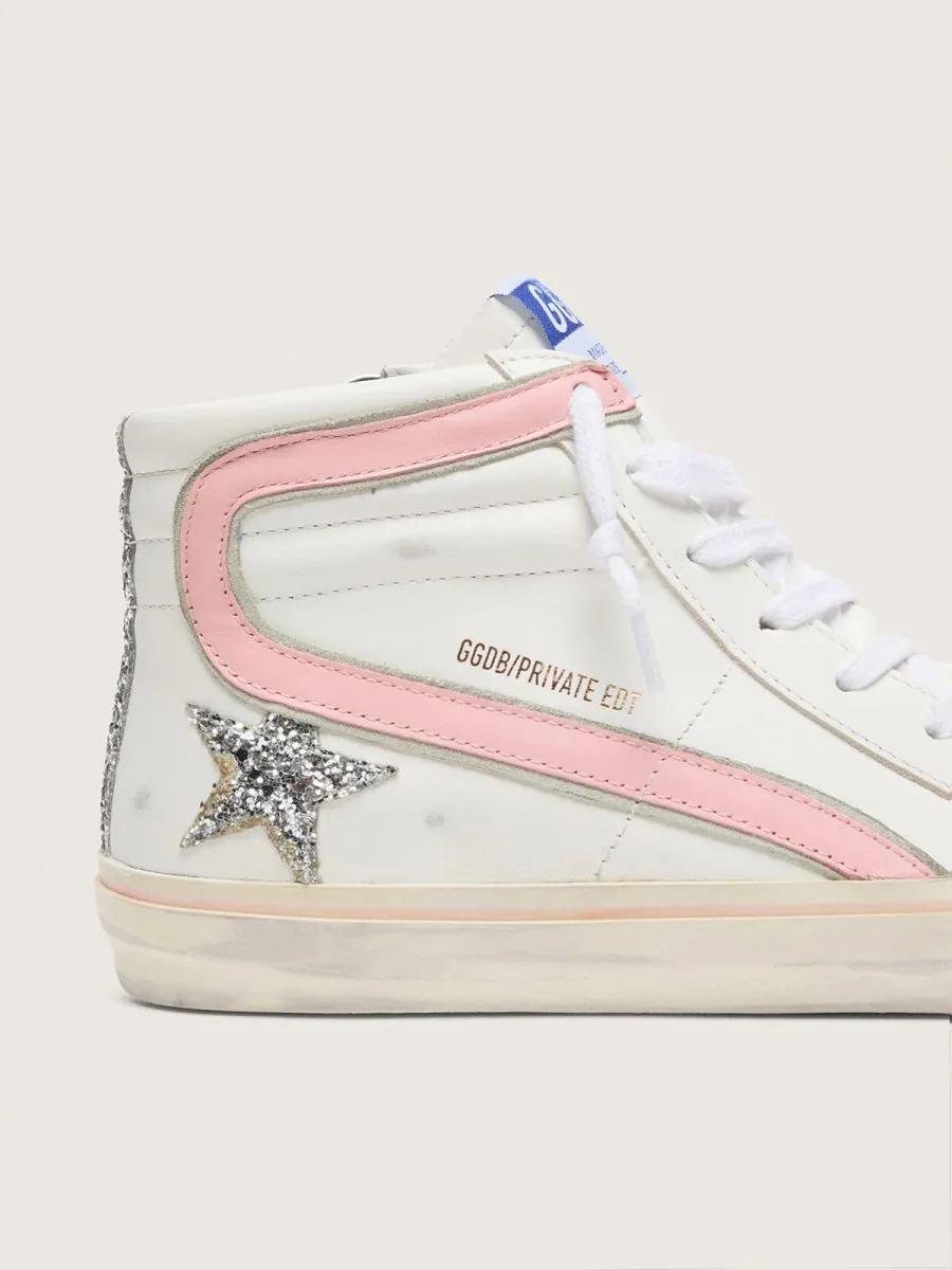 Slide Donna in pelle bianca con stella in glitter argento e virgola in pelle rosa