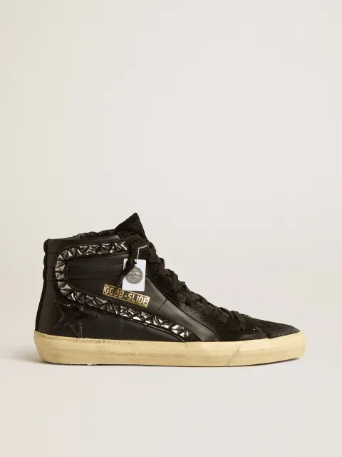 Slide in pelle con stella nera e virgola in cristalli Swarovski