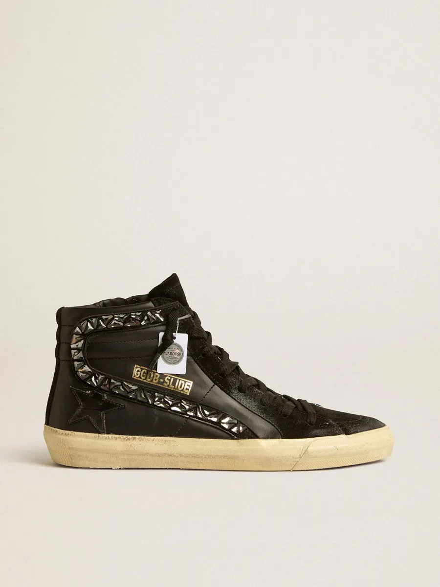 Slide in pelle con stella nera e virgola in cristalli Swarovski