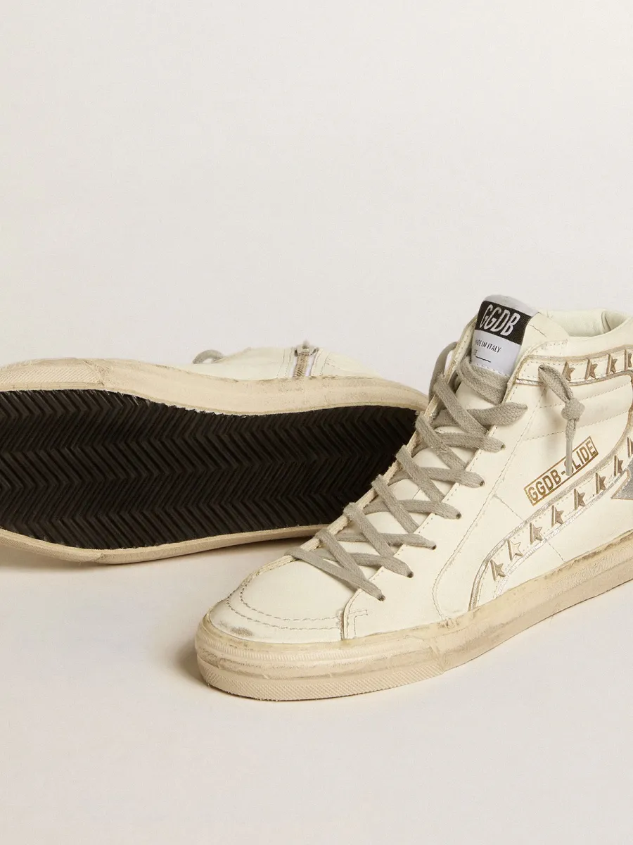 Slide con stella in pelle laminata argento e virgola in pelle con stelle