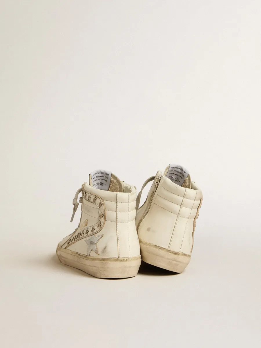 Slide con stella in pelle laminata argento e virgola in pelle con stelle