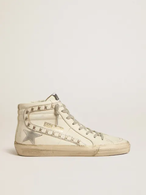 Slide con stella in pelle laminata argento e virgola in pelle con stelle