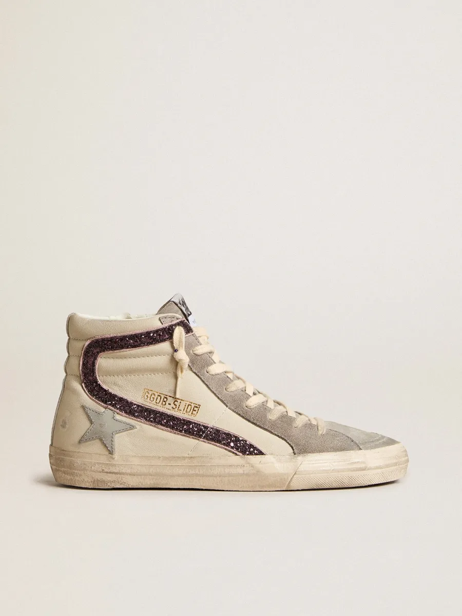 Slide con stella in pelle grigia e virgola in glitter color vino