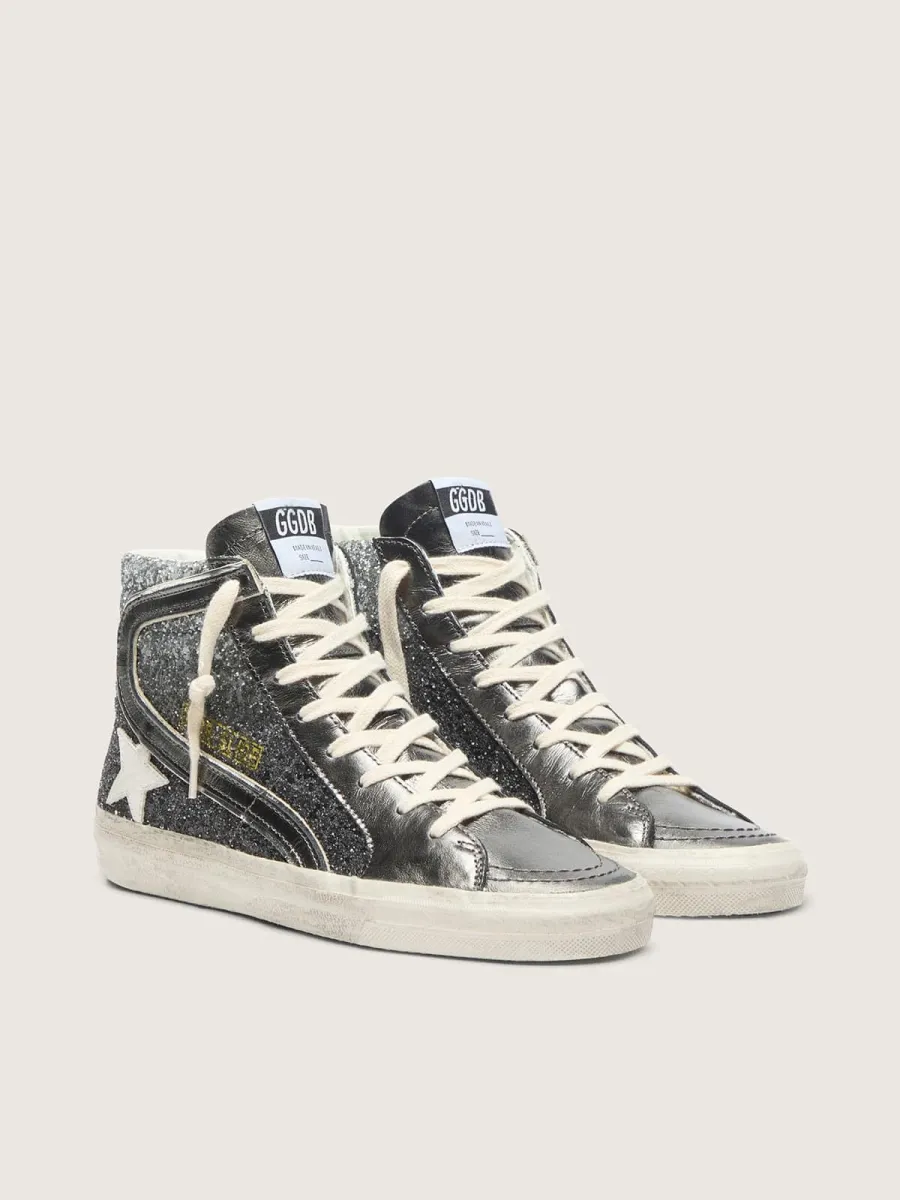 Slide Donna in glitter neri e argento con stella in pelle e virgola laminata