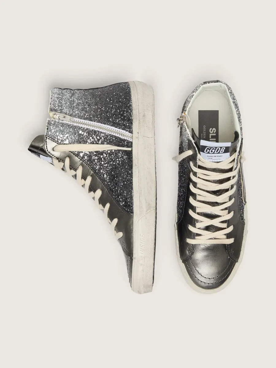 Slide Donna in glitter neri e argento con stella in pelle e virgola laminata