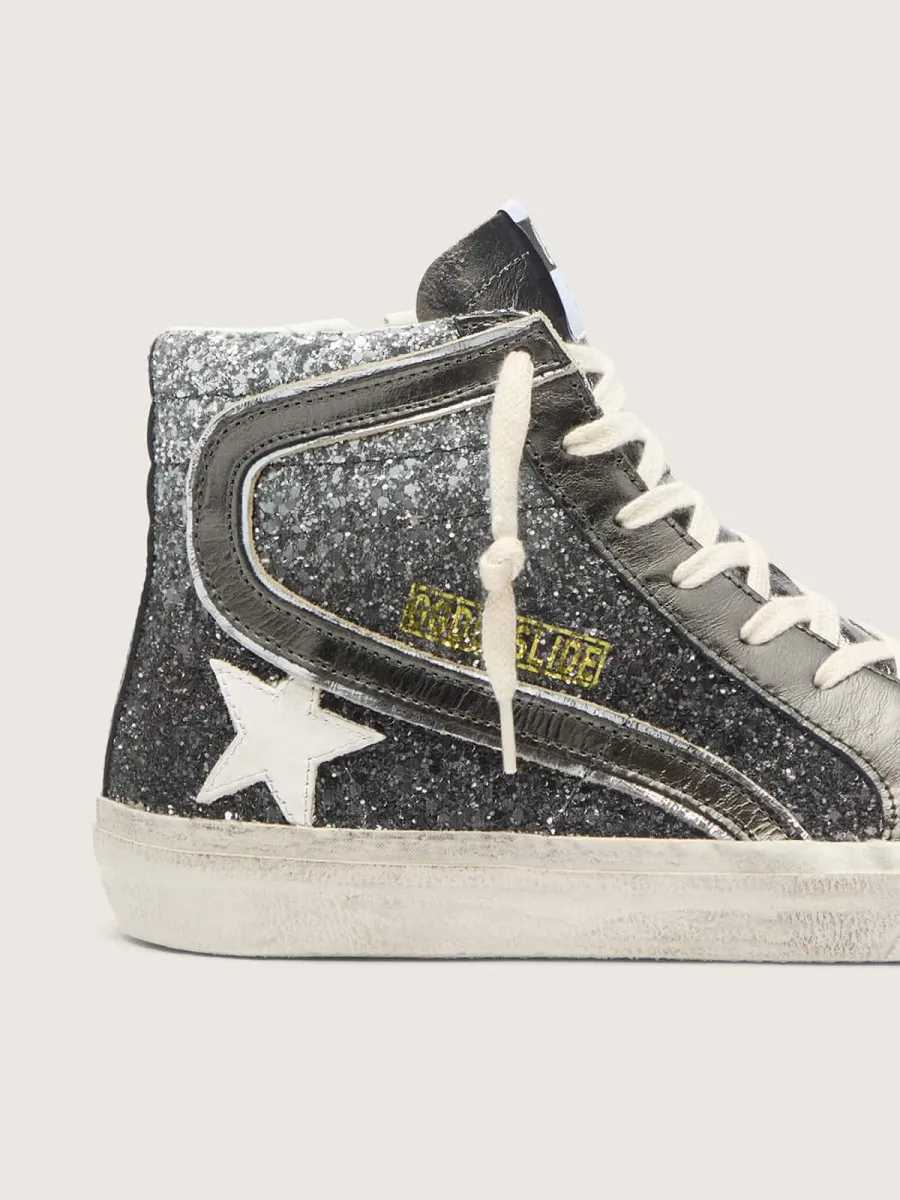 Slide Donna in glitter neri e argento con stella in pelle e virgola laminata