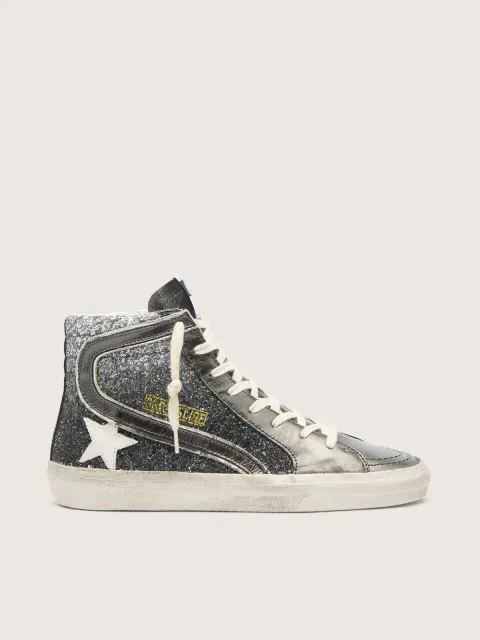 Slide Donna in glitter neri e argento con stella in pelle e virgola laminata