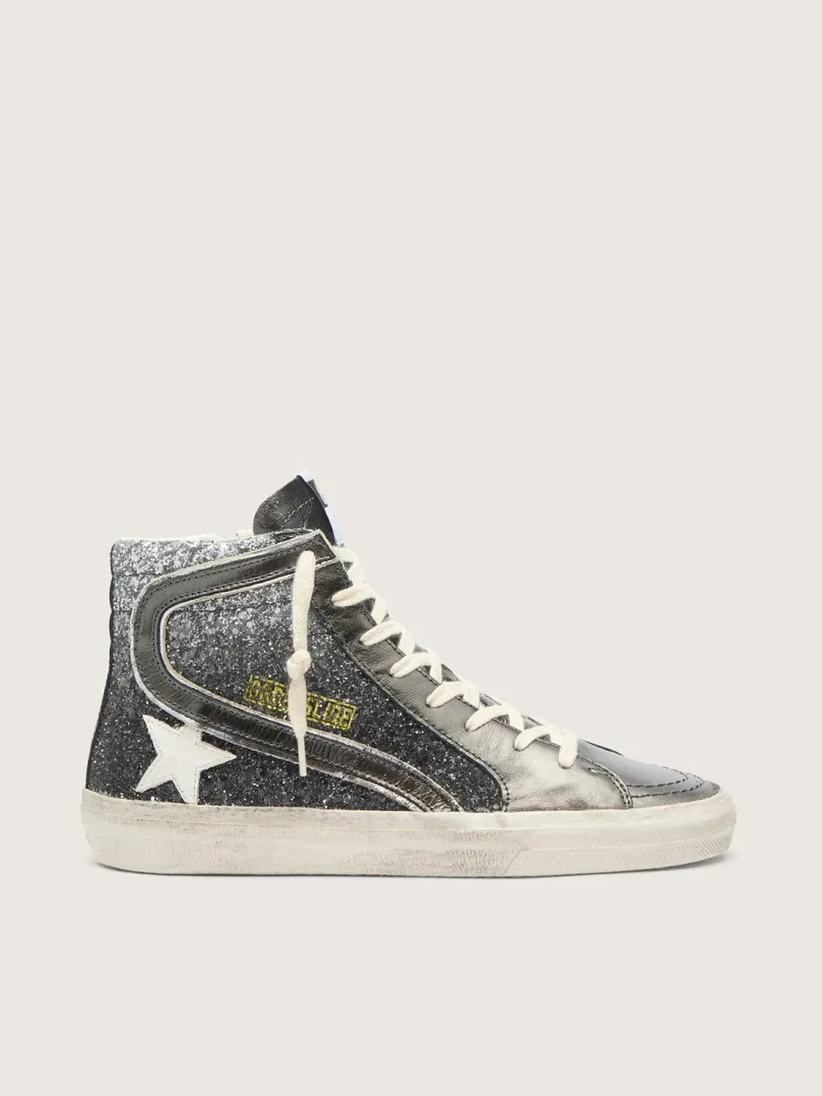 Slide Donna in glitter neri e argento con stella in pelle e virgola laminata