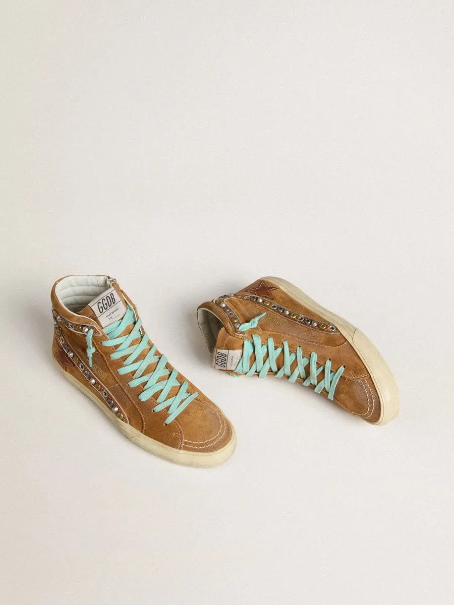 Slide Donna in suede color ocra con stella in pelle color tabacco