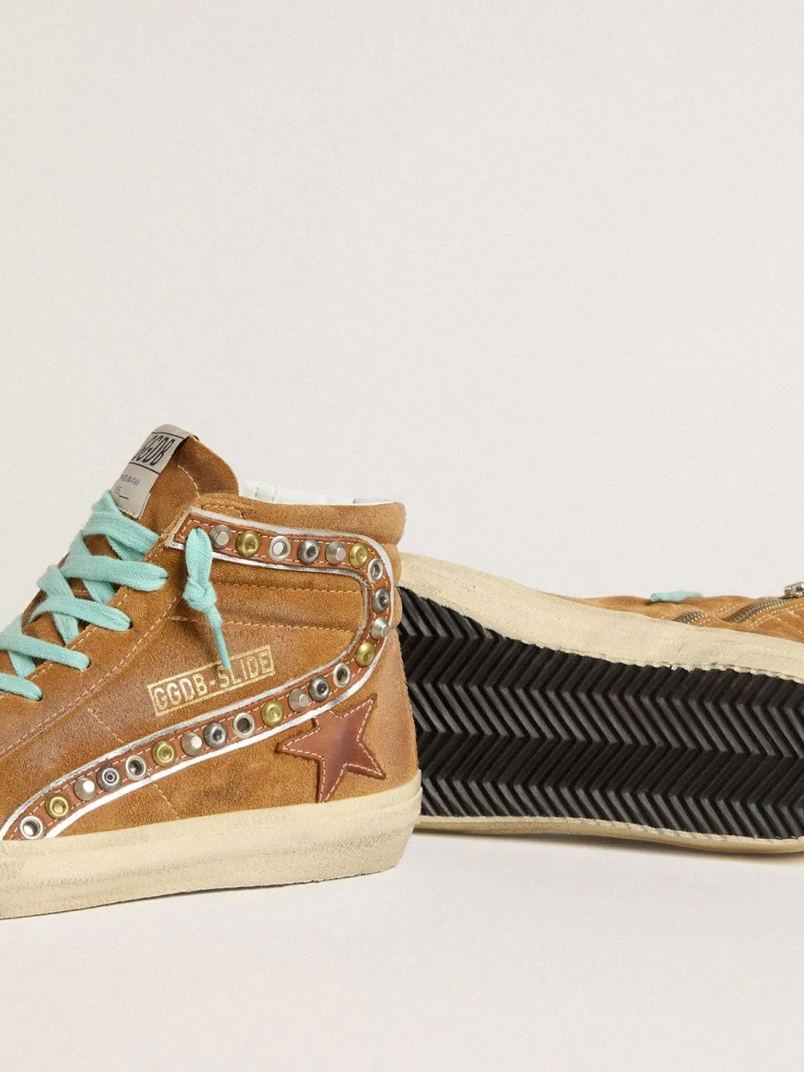Slide Donna in suede color ocra con stella in pelle color tabacco
