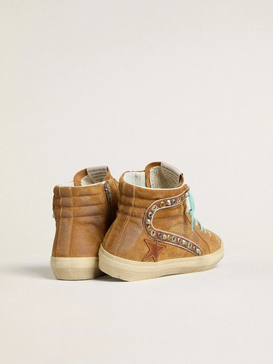 Slide Donna in suede color ocra con stella in pelle color tabacco