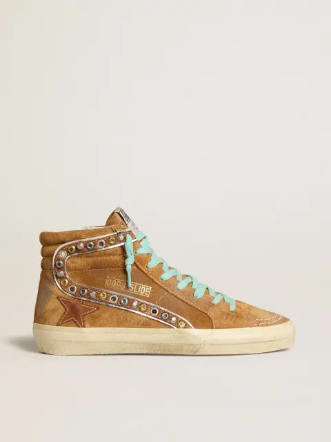 Slide Donna in suede color ocra con stella in pelle color tabacco