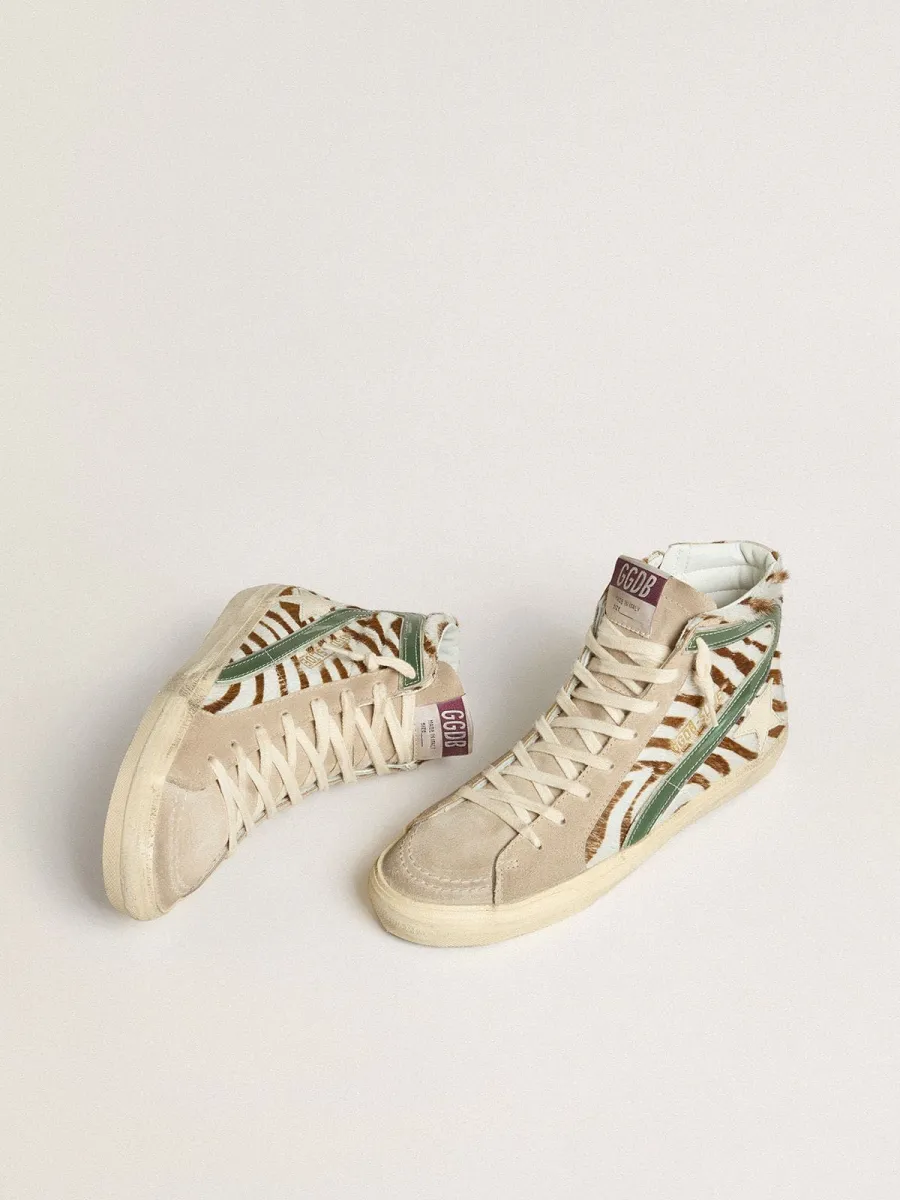 Slide Donna in cavallino zebrato con virgola in pelle laminata verde