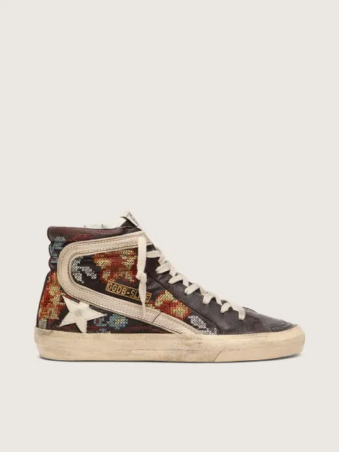Slide donna in pelle color ebano con stella crema e ricamo multicolor