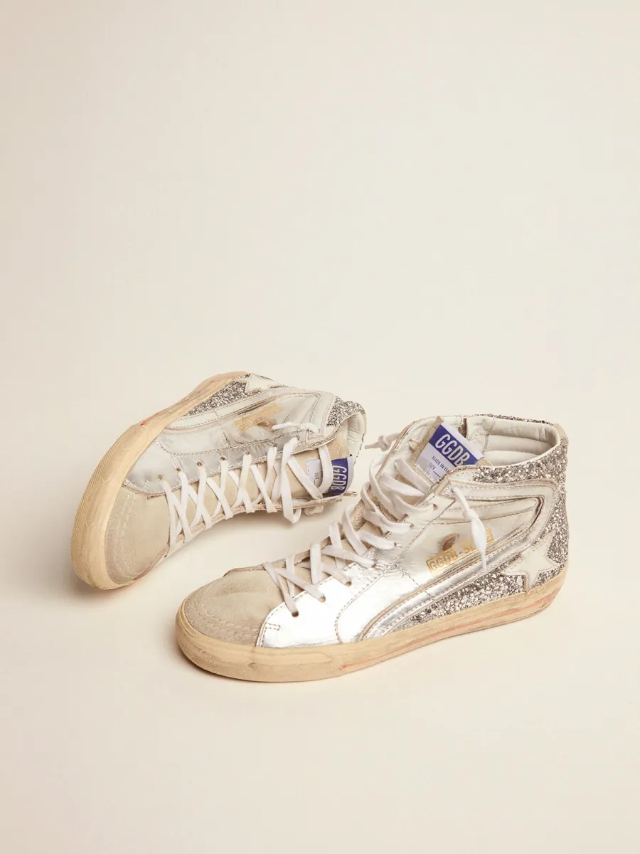 Slide Donna con tomaia in pelle laminata e glitter argento