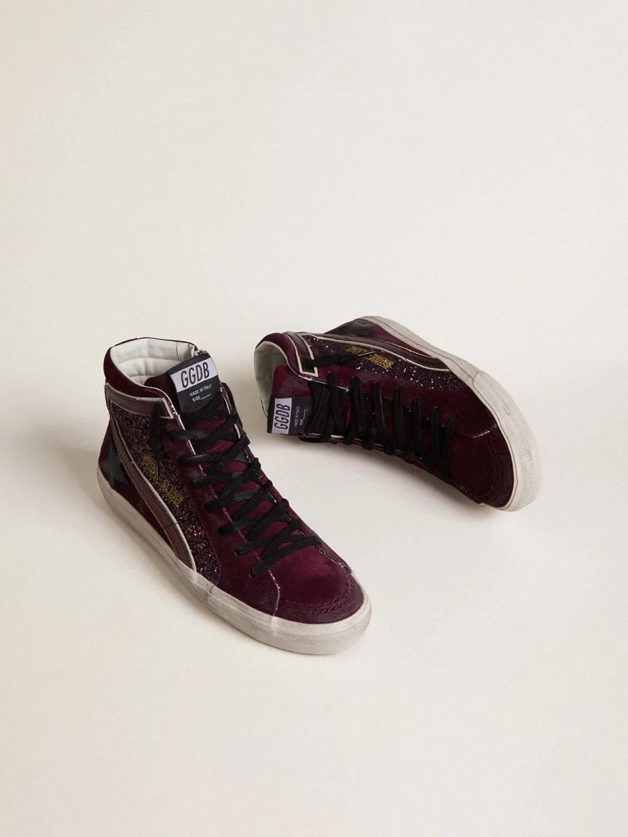 Slide Donna in glitter e suede amarena con stella in pelle e virgola in pelle laminata