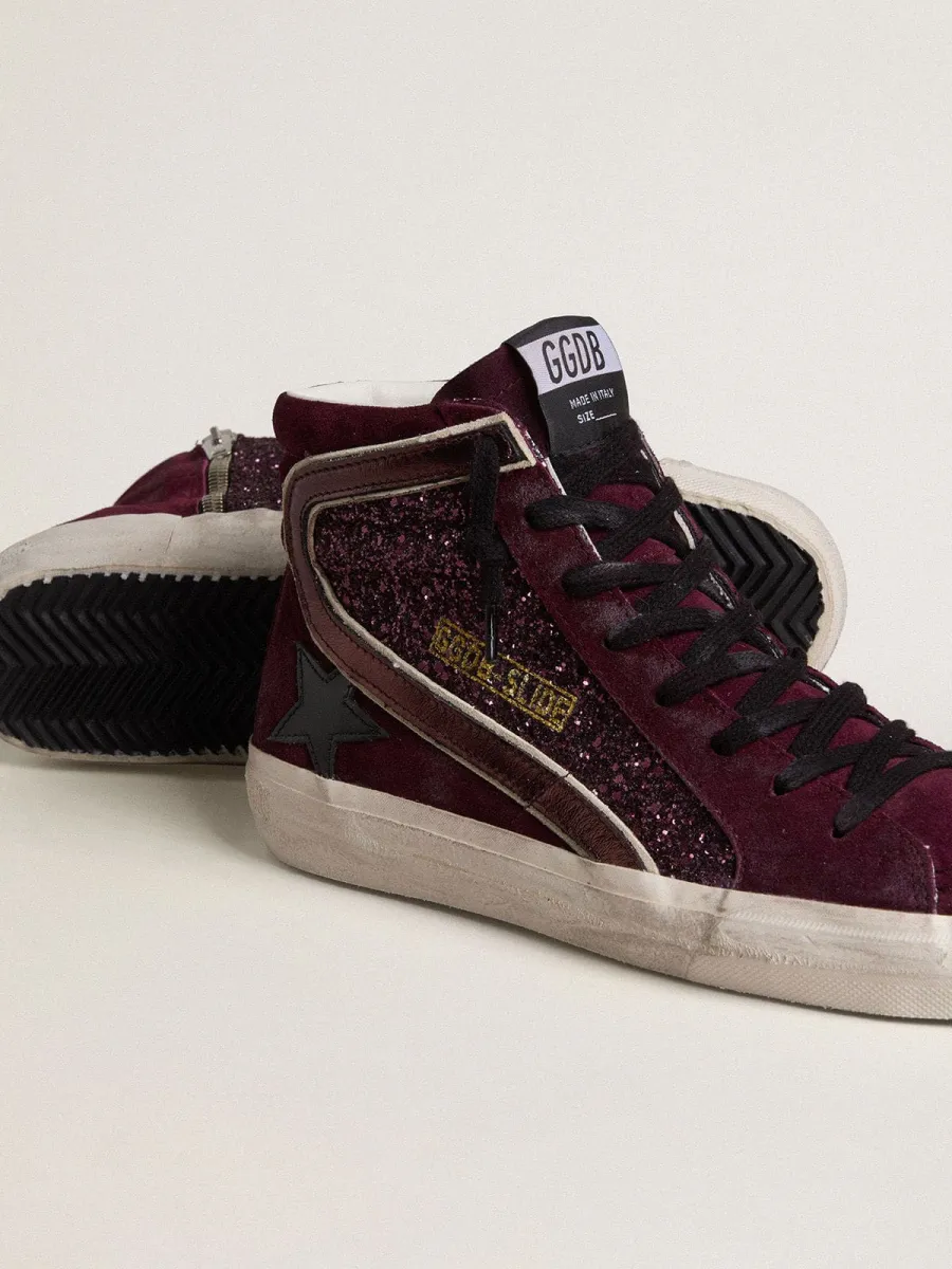 Slide Donna in glitter e suede amarena con stella in pelle e virgola in pelle laminata
