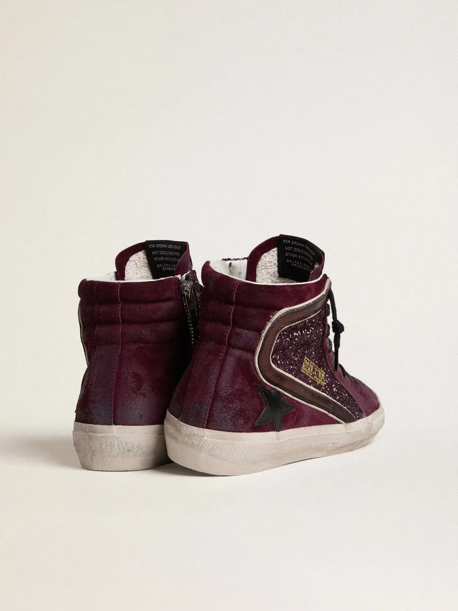 Slide Donna in glitter e suede amarena con stella in pelle e virgola in pelle laminata