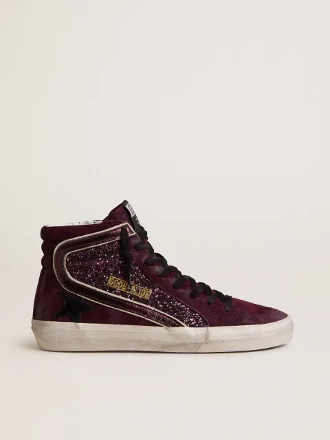Slide Donna in glitter e suede amarena con stella in pelle e virgola in pelle laminata