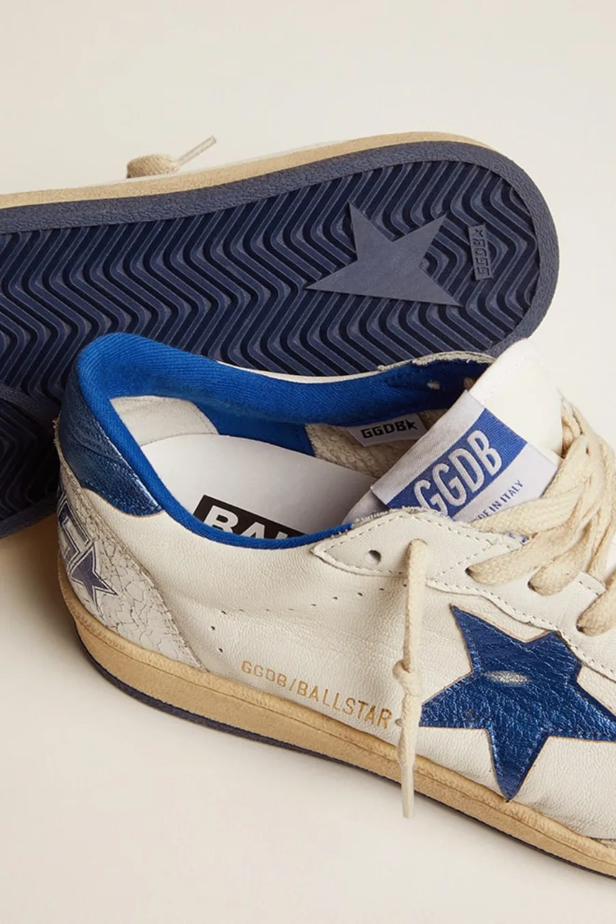 Ball Star Donna in nappa bianca con stella e talloncino in pelle laminata bluette