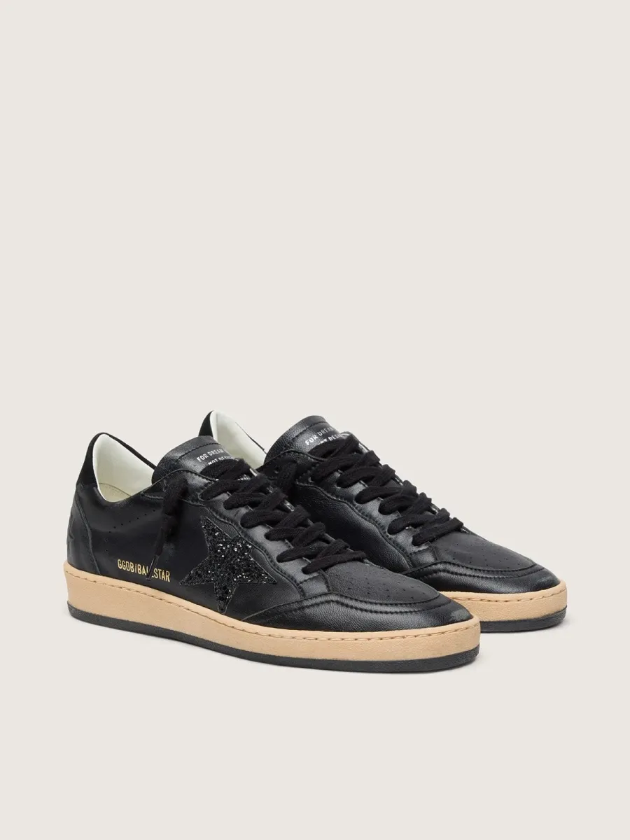 Ball Star Donna in nappa nera con stella in glitter neri e talloncino in suede