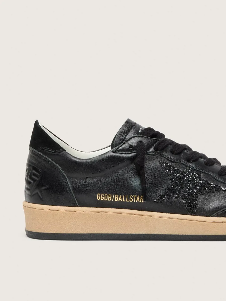 Ball Star Donna in nappa nera con stella in glitter neri e talloncino in suede