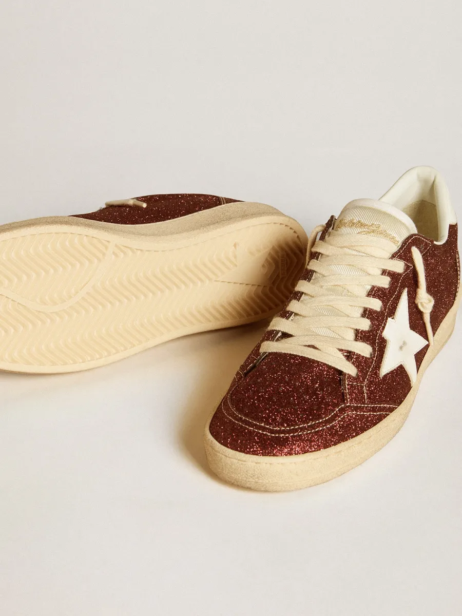 Ball Star in glitter bordeaux con stella e talloncino in pelle bianca