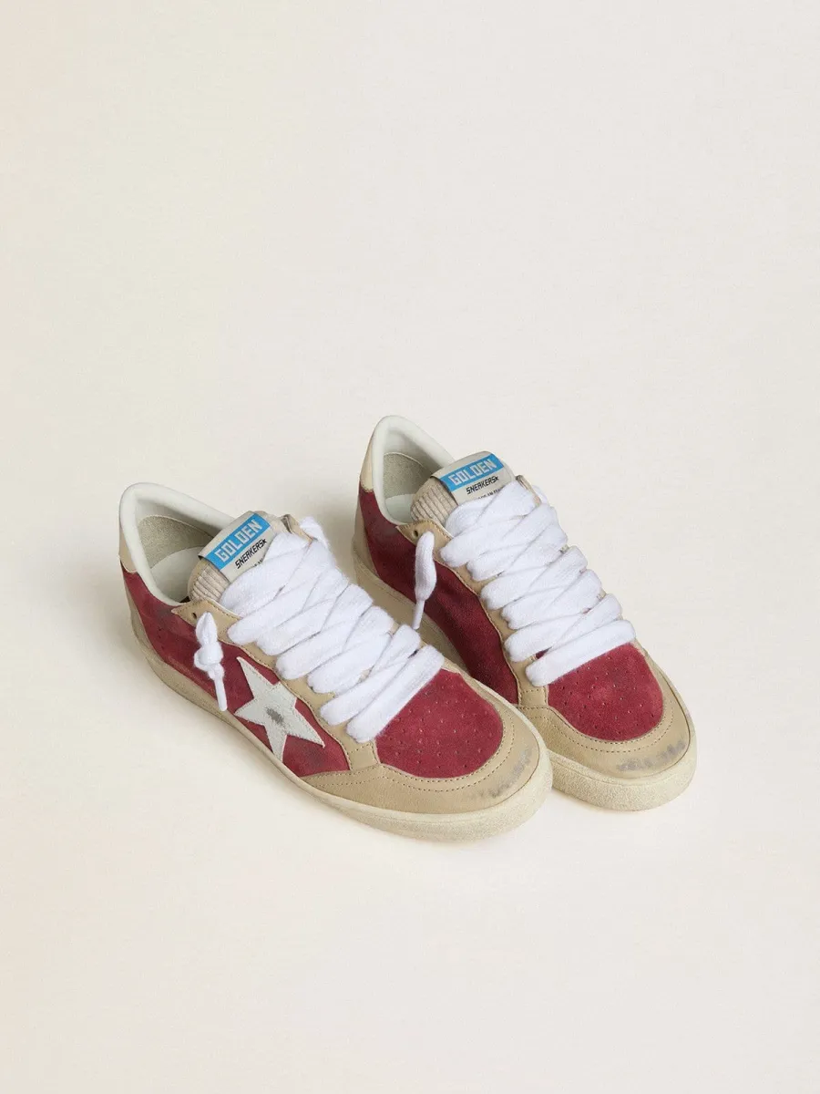 Ball Star Donna in suede rosso con stella in suede cracklé bianco e talloncino in pelle platino