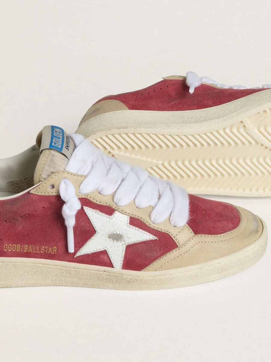 Ball Star Donna in suede rosso con stella in suede cracklé bianco e talloncino in pelle platino