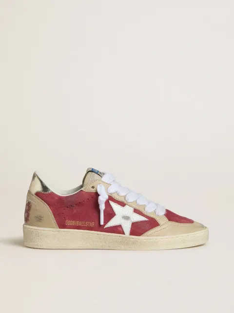 Ball Star Donna in suede rosso con stella in suede cracklé bianco e talloncino in pelle platino