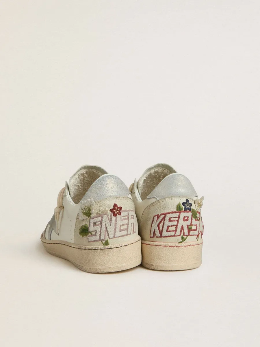 Ball Star Donna in pelle con stella in suede platino e ricamo floreale multicolor