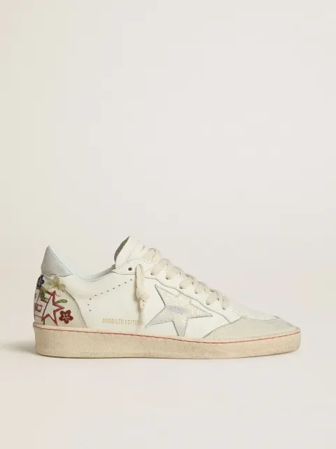 Ball Star Donna in pelle con stella in suede platino e ricamo floreale multicolor