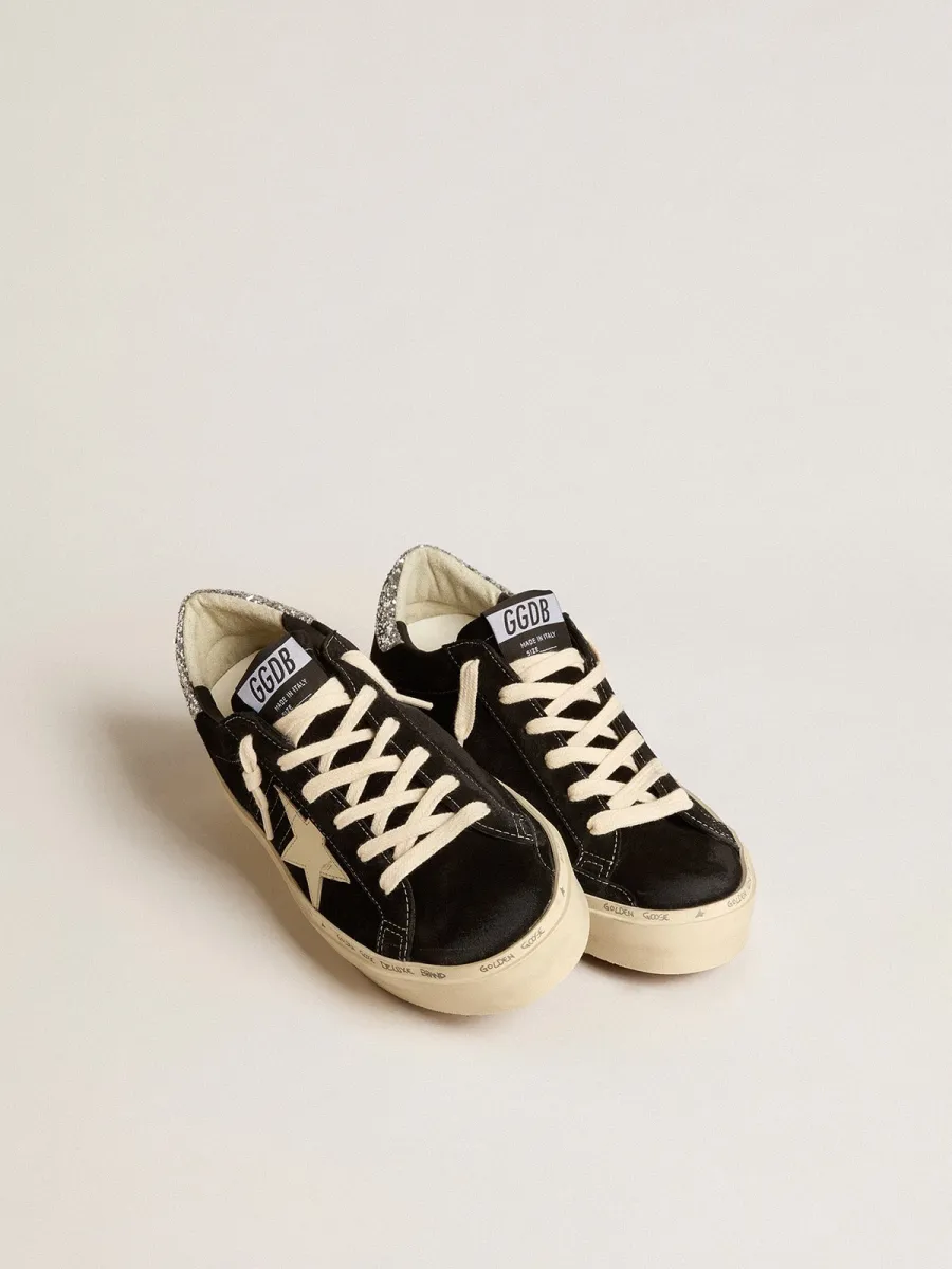 Hi Star Donna in pelle nera con talloncino in glitter argento