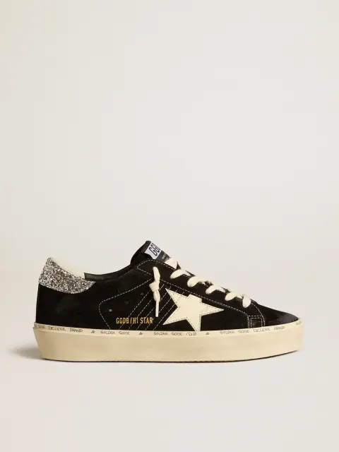 Hi Star Donna in pelle nera con talloncino in glitter argento