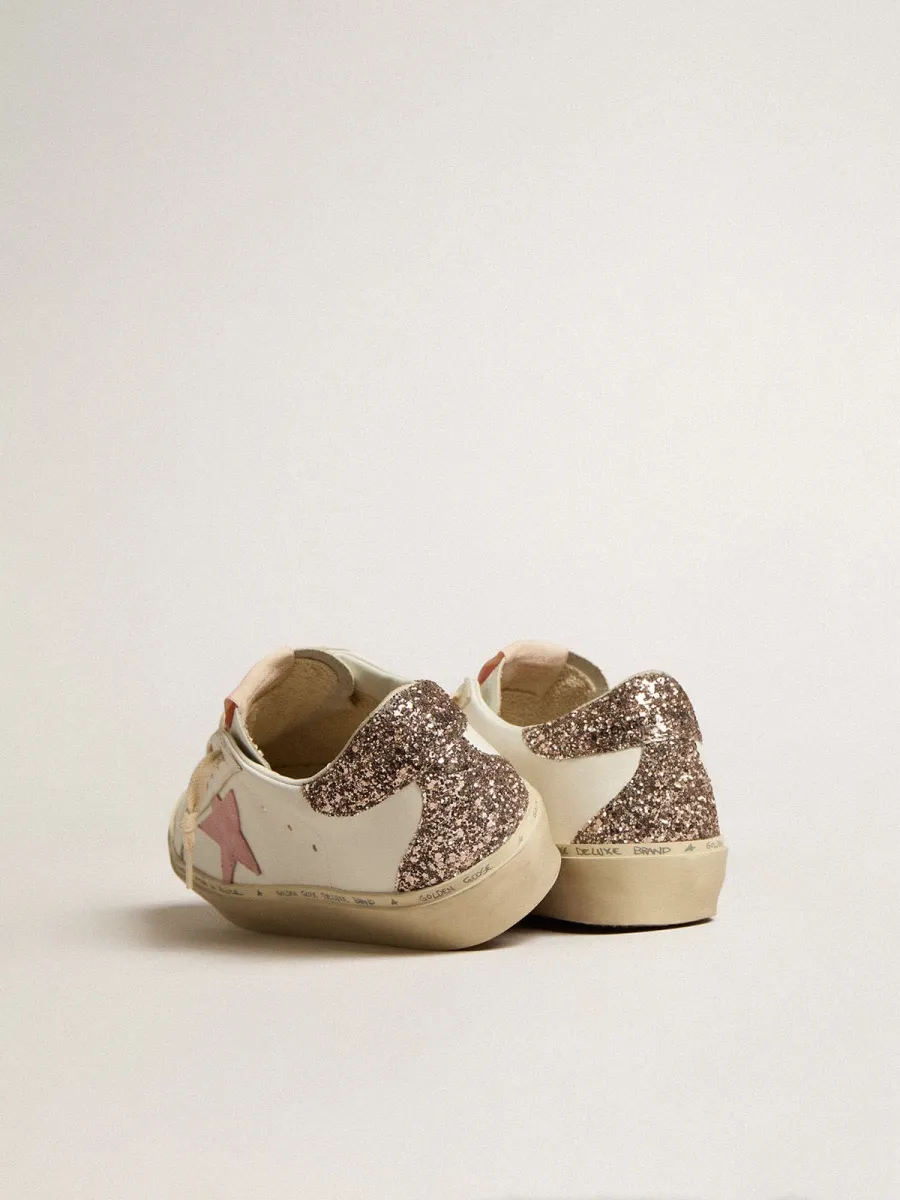 Hi Star in pelle bianca con stella in suede rosa e talloncino in glitter rosa
