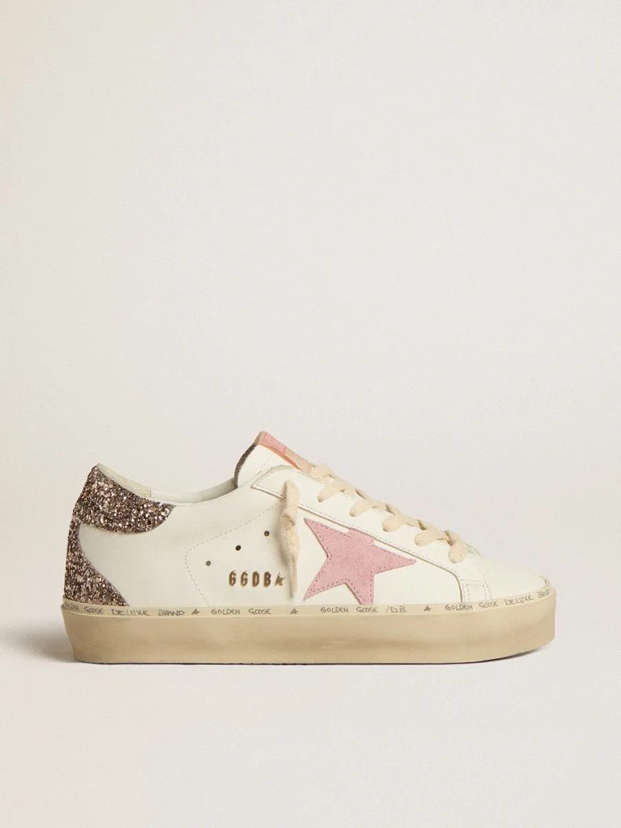 Hi Star in pelle bianca con stella in suede rosa e talloncino in glitter rosa