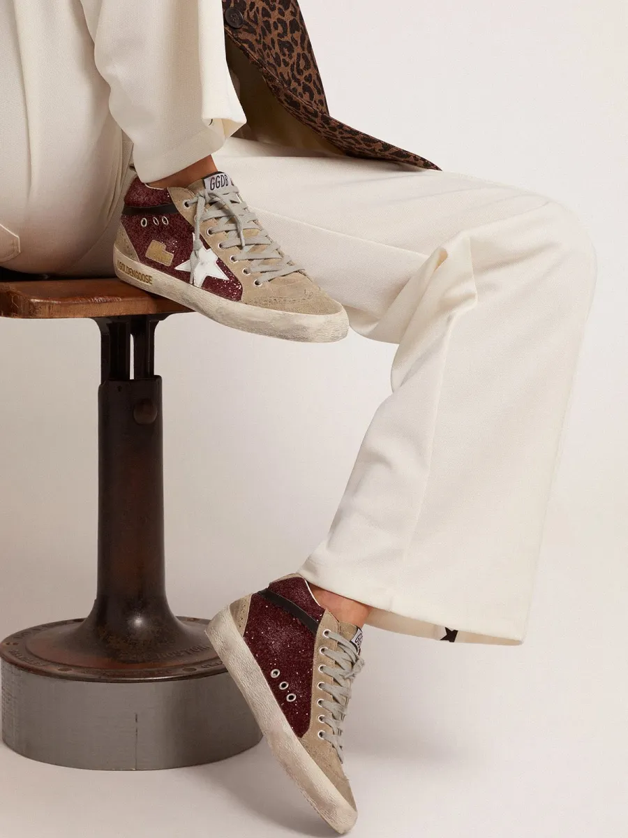 Mid Star Donna in glitter bordeaux con inserti tortora e stella bianca