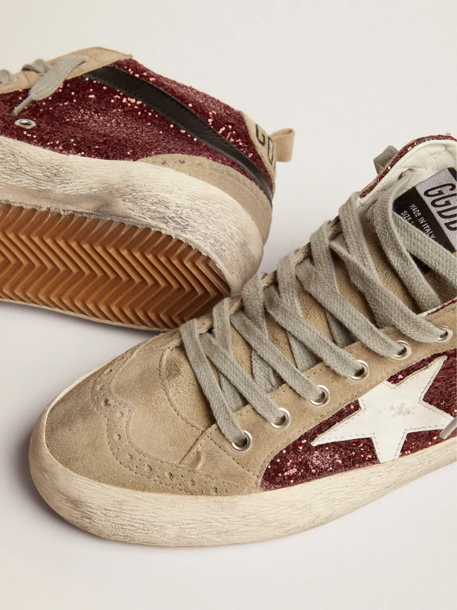 Mid Star Donna in glitter bordeaux con inserti tortora e stella bianca