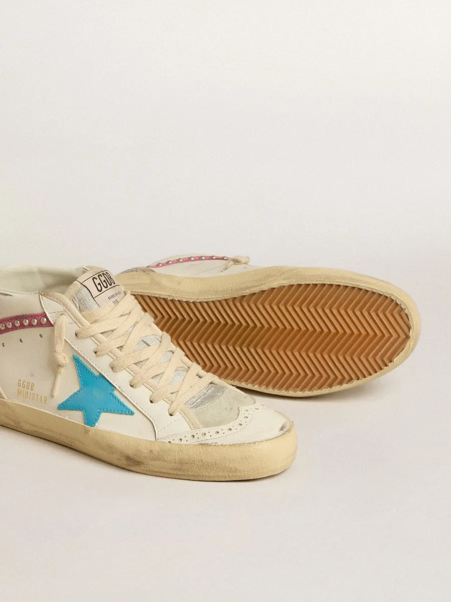 Mid Star Donna in pelle con stella azzurra e virgola in suede fucsia con borchie platino