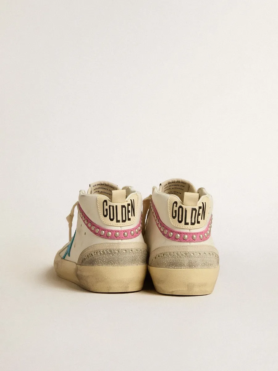 Mid Star Donna in pelle con stella azzurra e virgola in suede fucsia con borchie platino