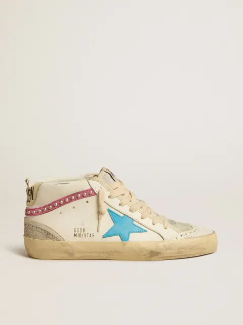 Mid Star Donna in pelle con stella azzurra e virgola in suede fucsia con borchie platino