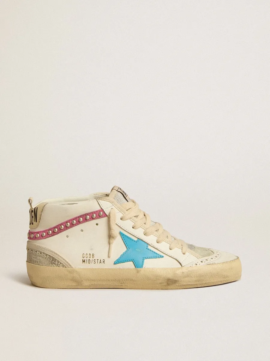 Mid Star Donna in pelle con stella azzurra e virgola in suede fucsia con borchie platino