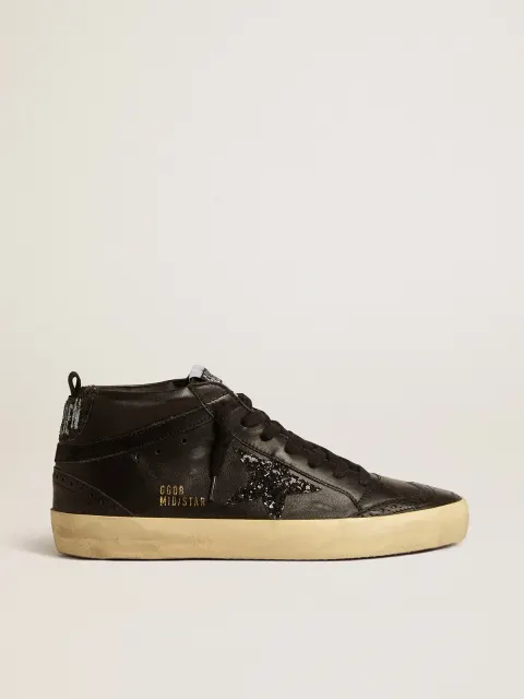 Mid Star Donna in nappa nera con stella in glitter neri e virgola in suede