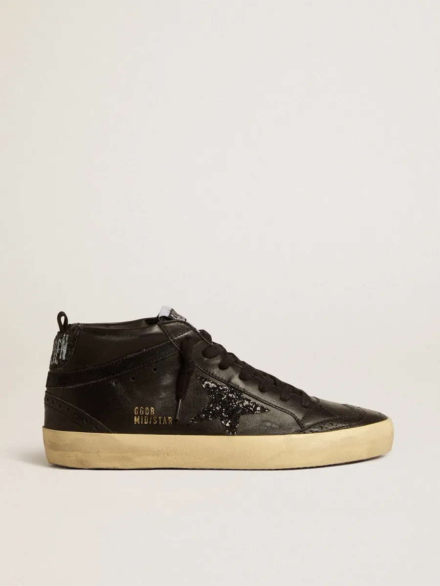 Mid Star Donna in nappa nera con stella in glitter neri e virgola in suede