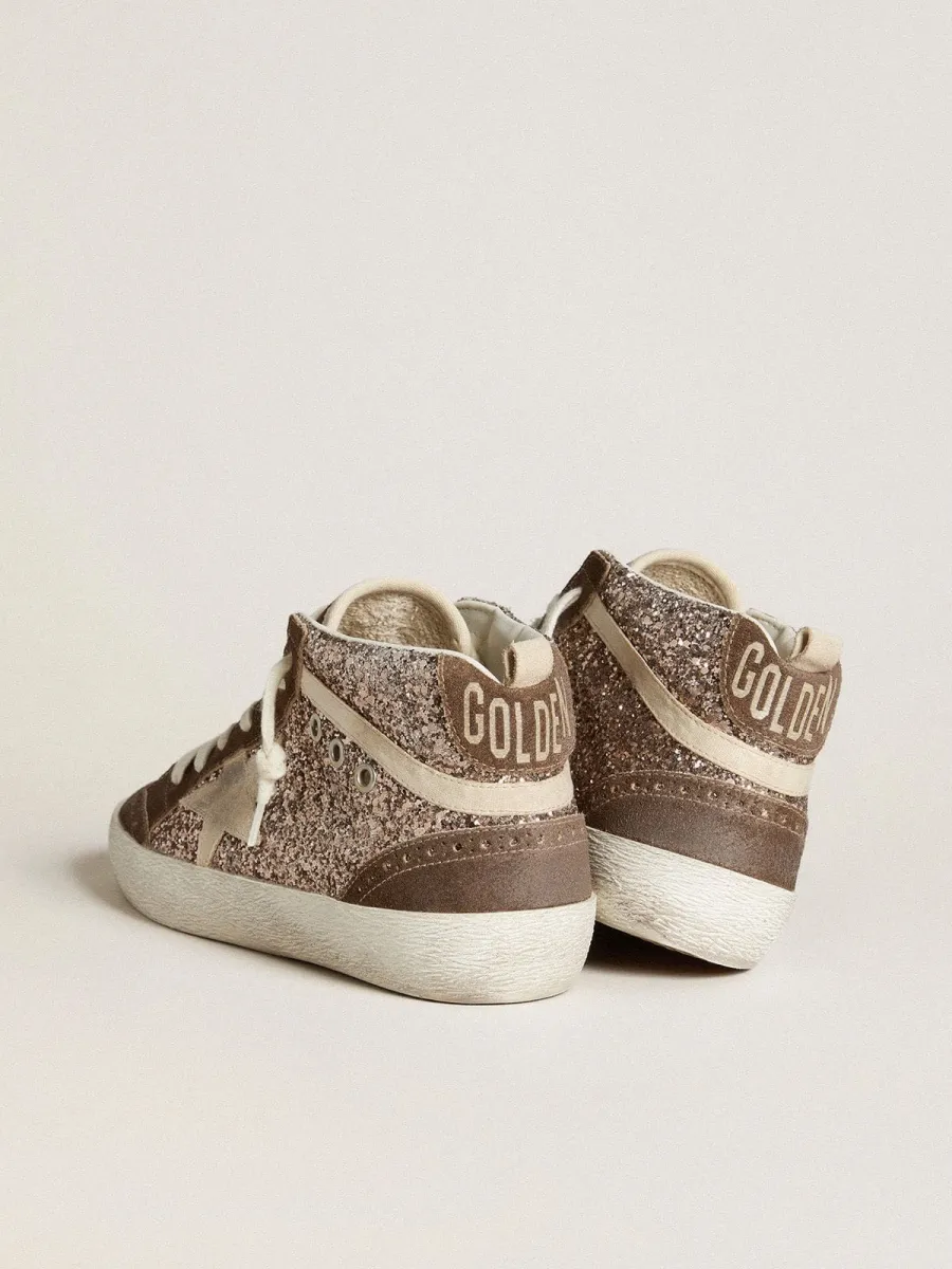 Mid Star Donna in glitter con stella in suede perla e inserti in suede marrone