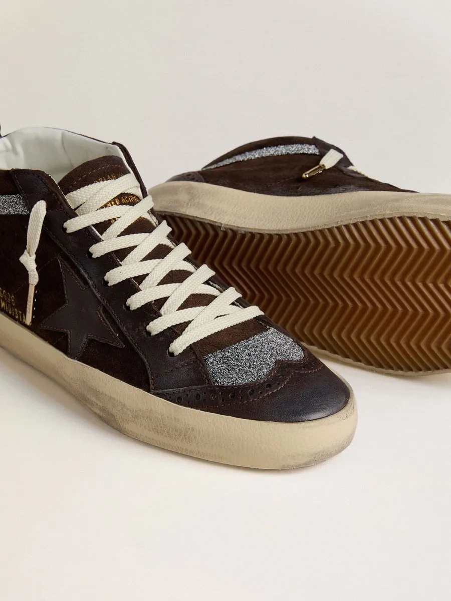 Mid Star Donna in suede marrone con stella in pelle e virgola in cristalli Swarovski