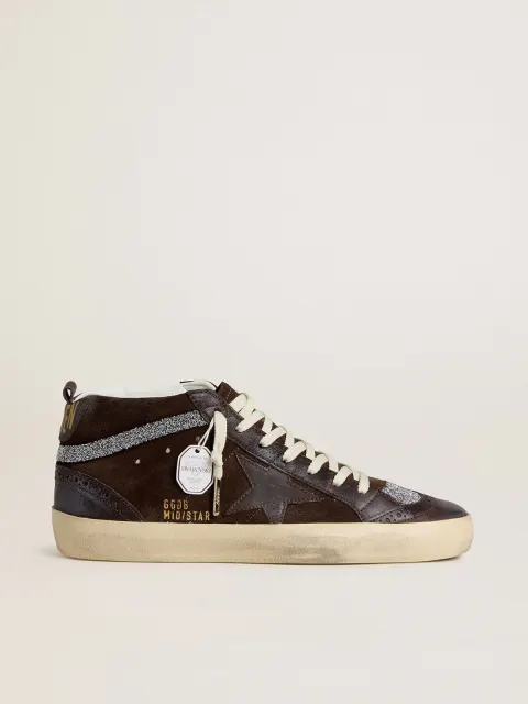 Mid Star Donna in suede marrone con stella in pelle e virgola in cristalli Swarovski
