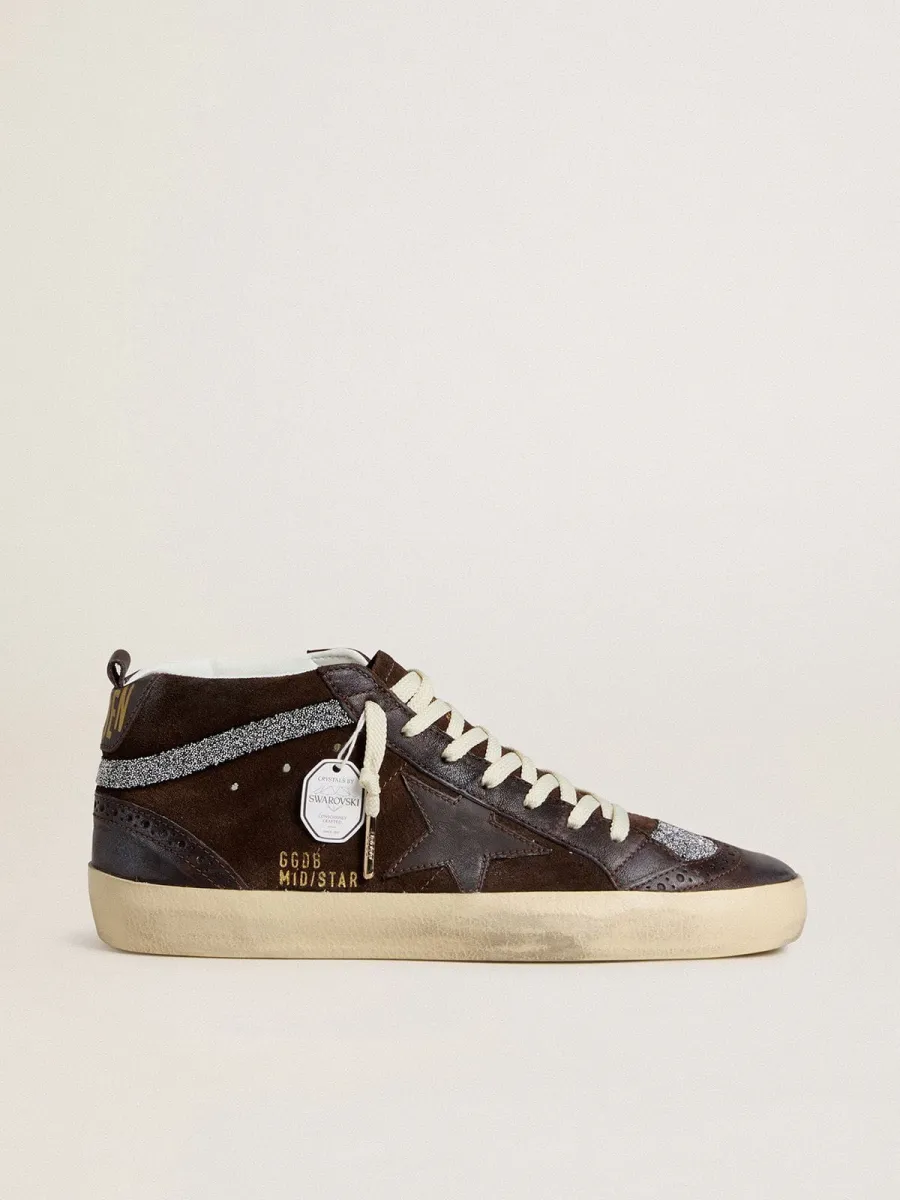 Mid Star Donna in suede marrone con stella in pelle e virgola in cristalli Swarovski